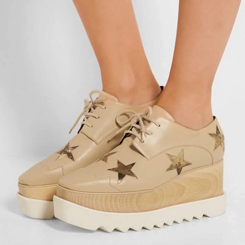 NEW Stella Mccartney Elyse Star Platform Sneakers, Beige Rose Gold Star, EU 40.5